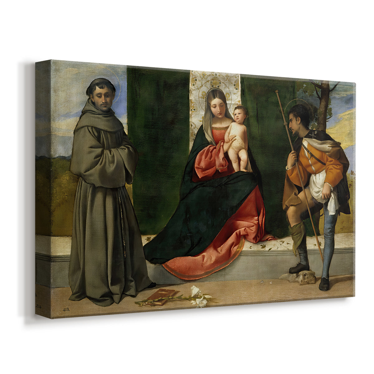 Canvas art print featuring a religious group composition with sacred figures arranged around central pair, displayed at an angle