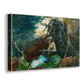 Canvas art print featuring a woodland scene with person resting beside small fire, displayed at an angle