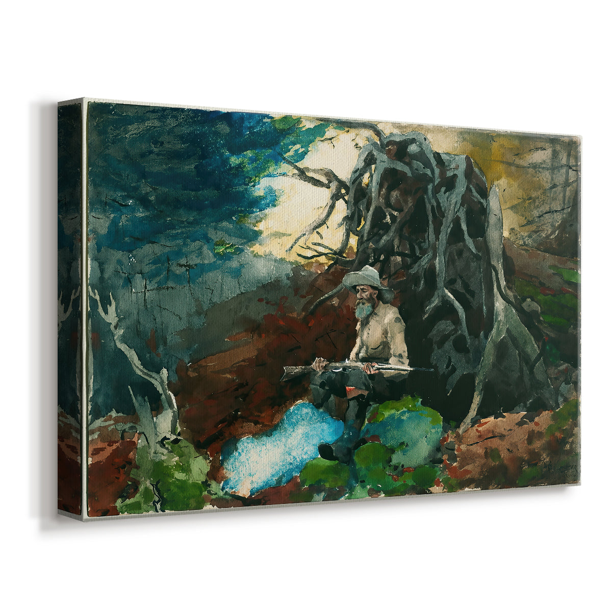 Canvas art print featuring a woodland scene with person resting beside small fire, displayed at an angle