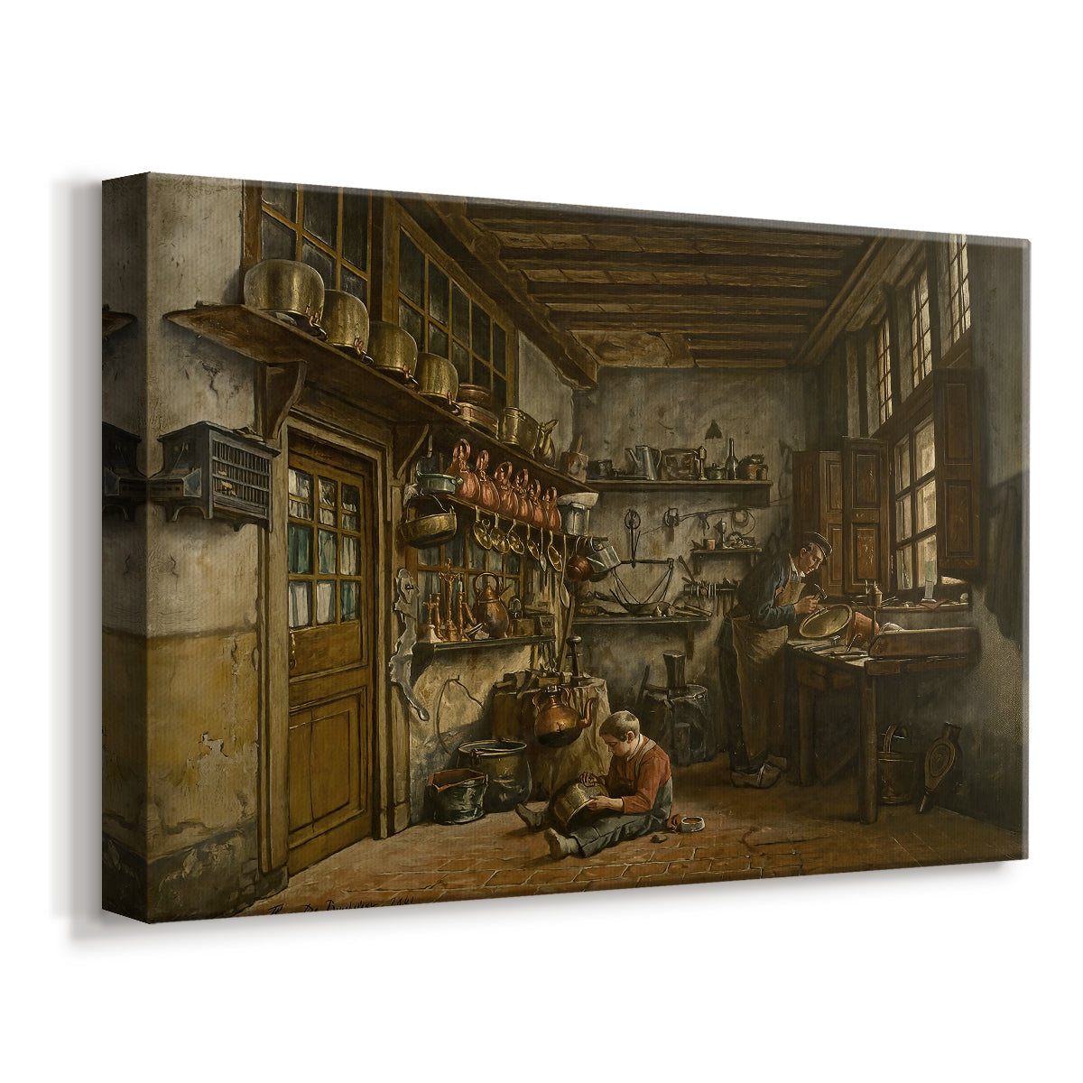 Canvas art print featuring a craftsman seated in workshop surrounded by materials, displayed at an angle