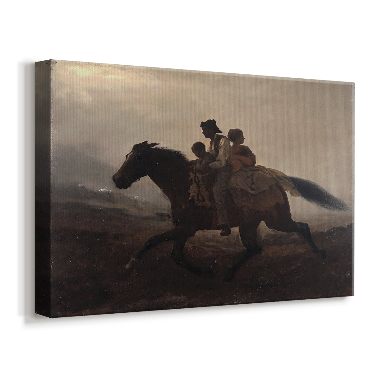 Canvas art print featuring a dramatic scene of enslaved people fleeing on horseback in darkness, displayed at an angle