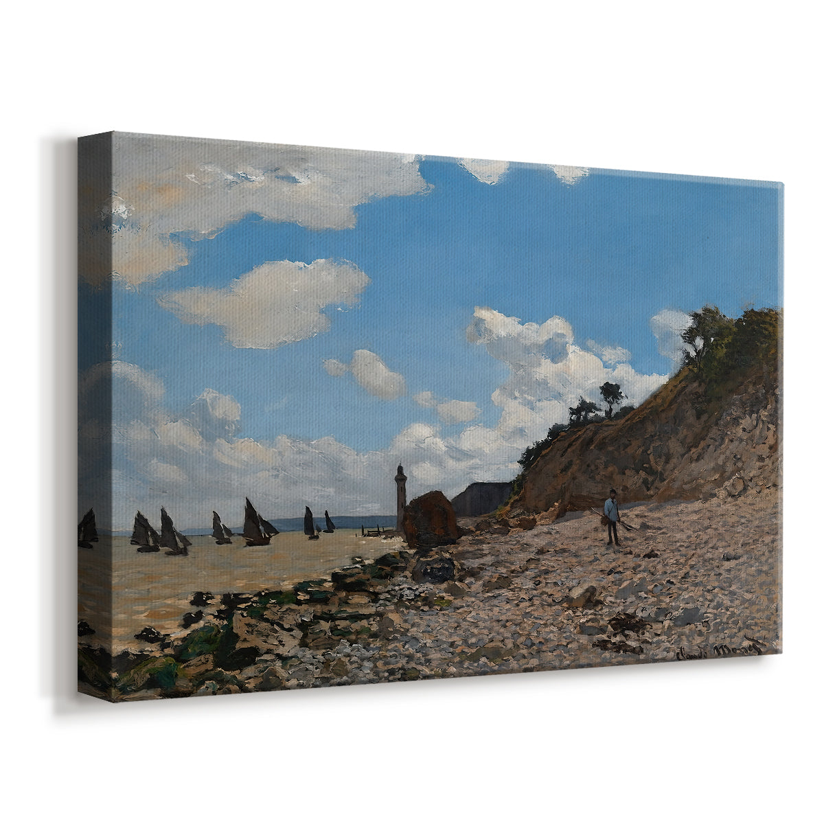 Canvas art print featuring an impressionist seaside with people and sailboats under bright sky, displayed at an angle