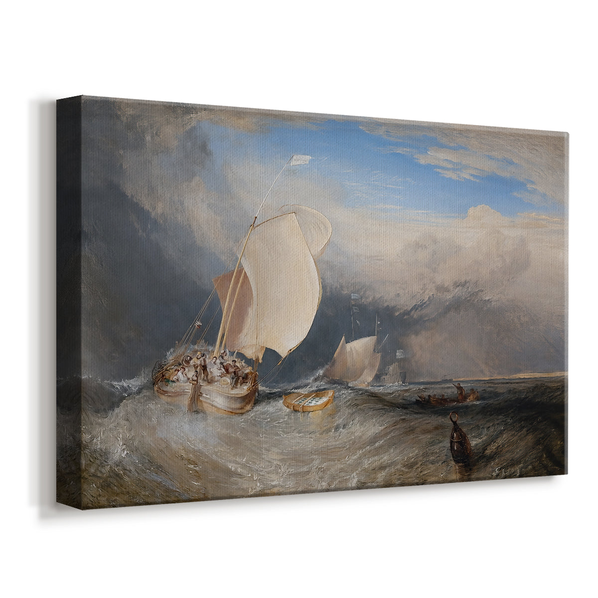 Canvas art print featuring a maritime scene with boats and people gathered along shoreline, displayed at an angle