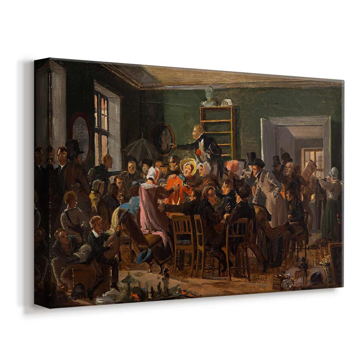 Canvas art print featuring a group scene showing figures bidding and interacting indoors, displayed at an angle