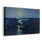 Canvas art print featuring a nocturnal coastal scene with boats, displayed at an angle