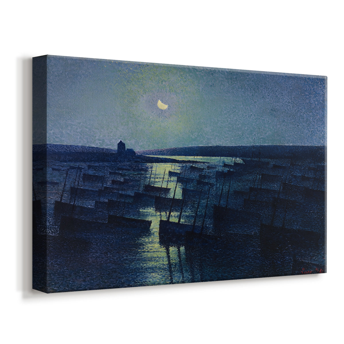 Canvas art print featuring a nocturnal coastal scene with boats, displayed at an angle