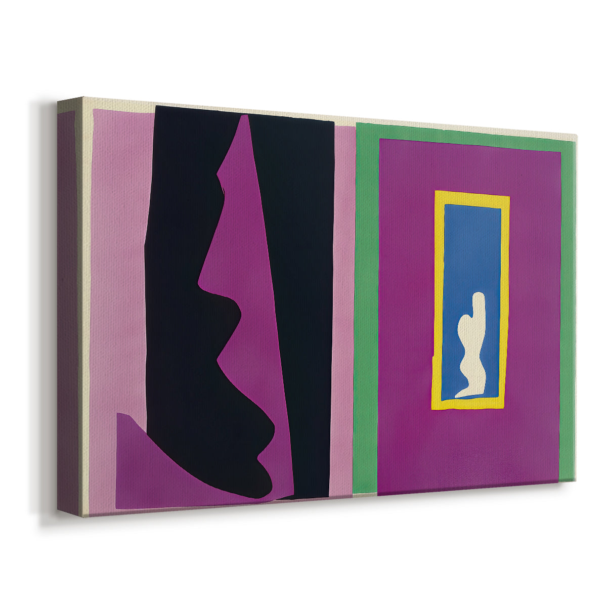 Canvas art print featuring a modernist artwork with layered geometric forms and bold colors, displayed at an angle
