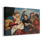 Canvas art print featuring a religious scene with saints flanking mother and child, displayed at an angle
