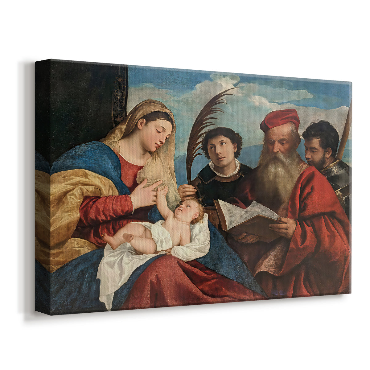 Canvas art print featuring a religious scene with saints flanking mother and child, displayed at an angle