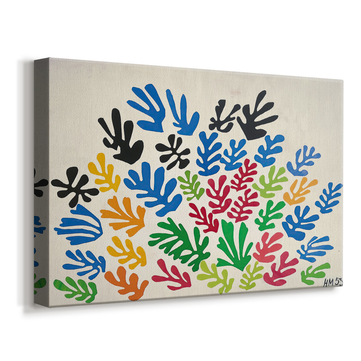 Canvas art print featuring a modernist cut-out composition with botanical forms, displayed at an angle
