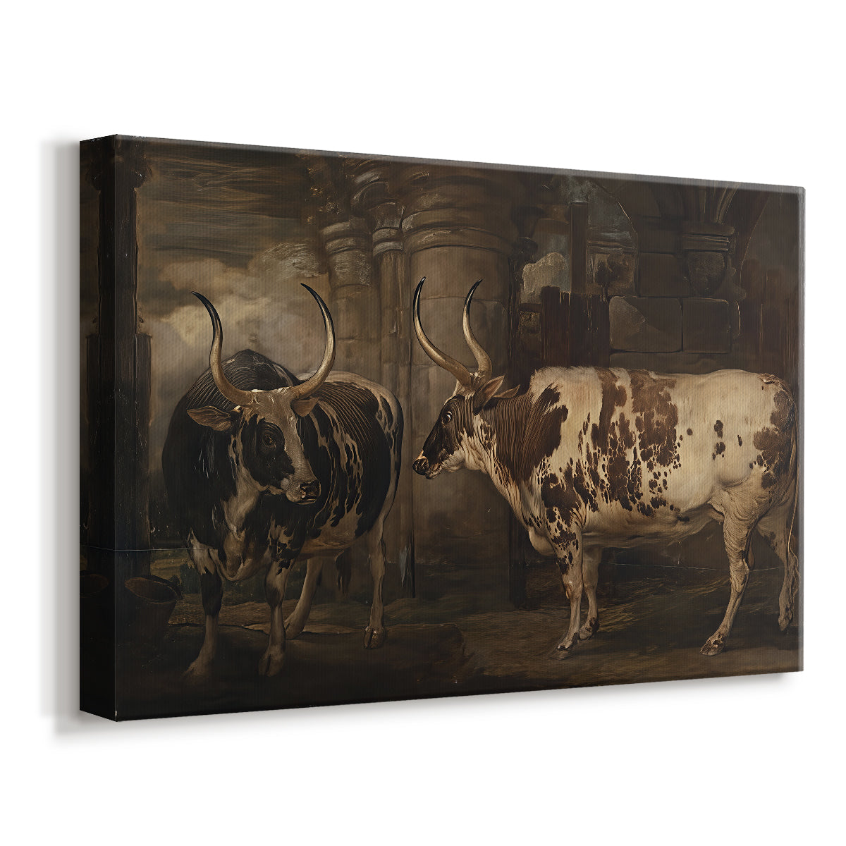 Canvas art print featuring a detailed livestock portrait featuring paired oxen outdoors, displayed at an angle