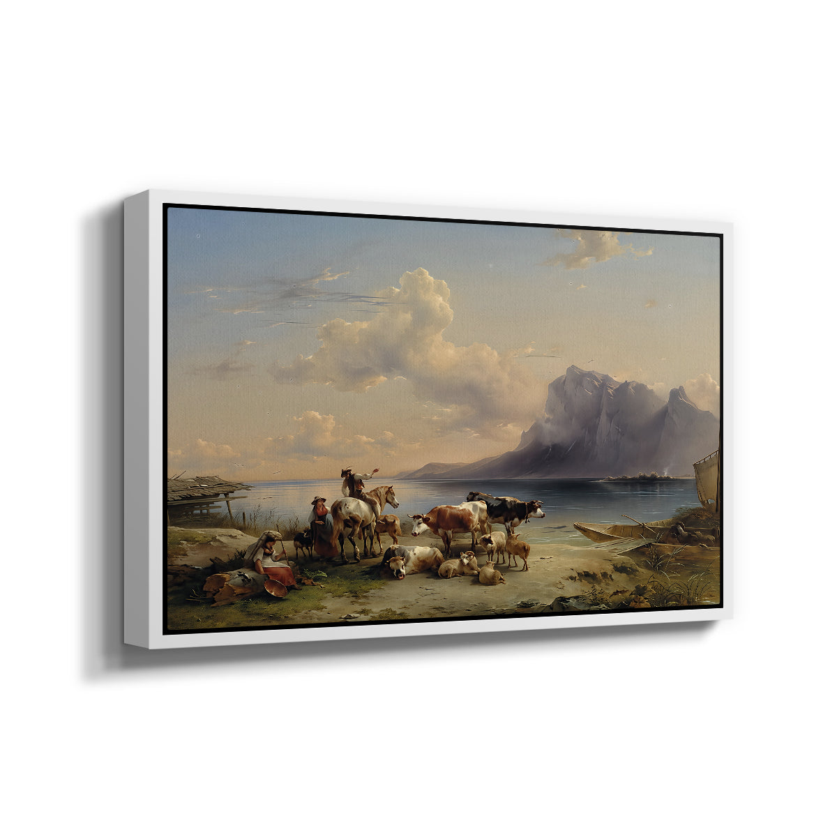 Shepherds and Cattle on Lake Attersee, 1852 - Floater Framed Canvas Print