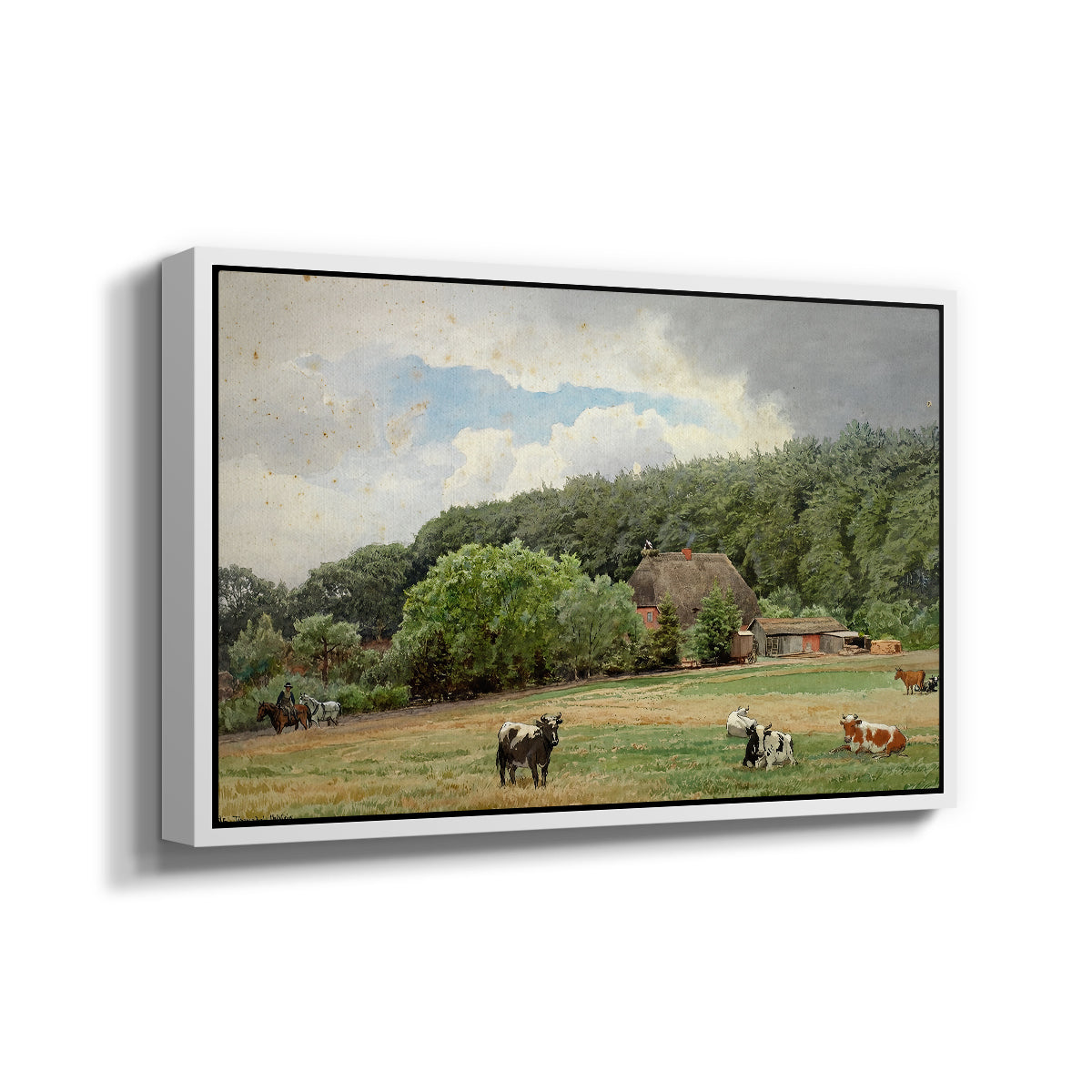 Farm with Grazing Cows (Bondegård med beitende kuer), 1892 - Floater Framed Canvas Print