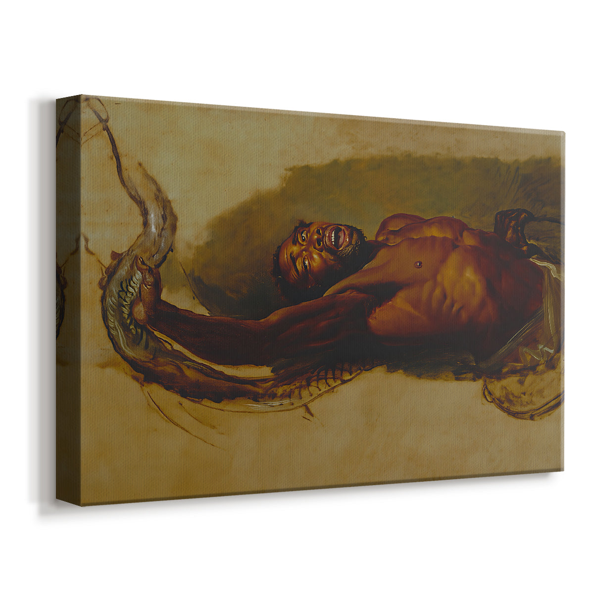Canvas art print featuring an intense scene of human confronting constrictor, displayed at an angle