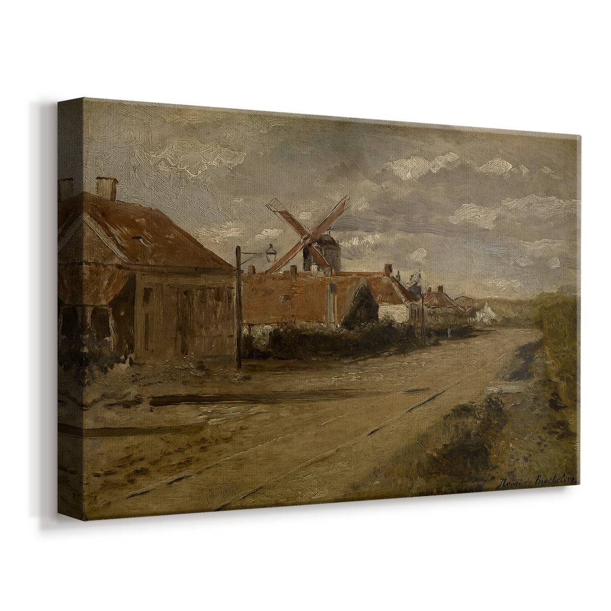 Canvas art print featuring a rustic scene with mill structure and surrounding terrain, displayed at an angle