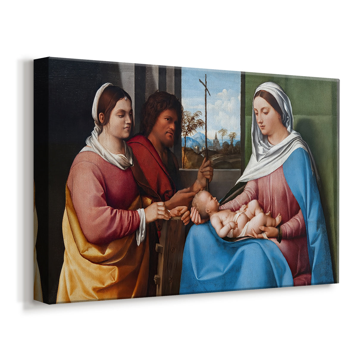 Canvas art print featuring a Renaissance composition of saints and figures in quiet interaction, displayed at an angle