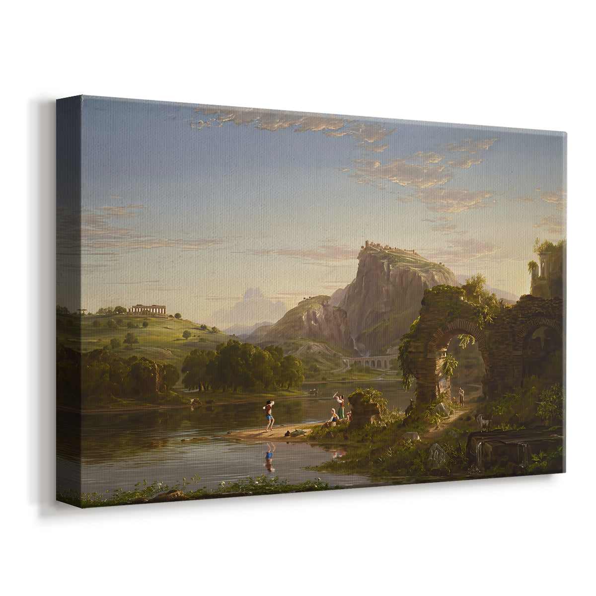 Canvas art print featuring a romantic scene with people enjoying nature in bright setting, displayed at an angle