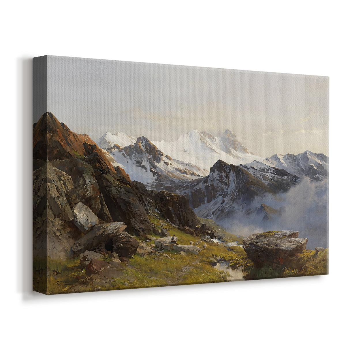 Canvas art print featuring a mountain summit seen from elevated viewpoint with surrounding landscape, displayed at an angle