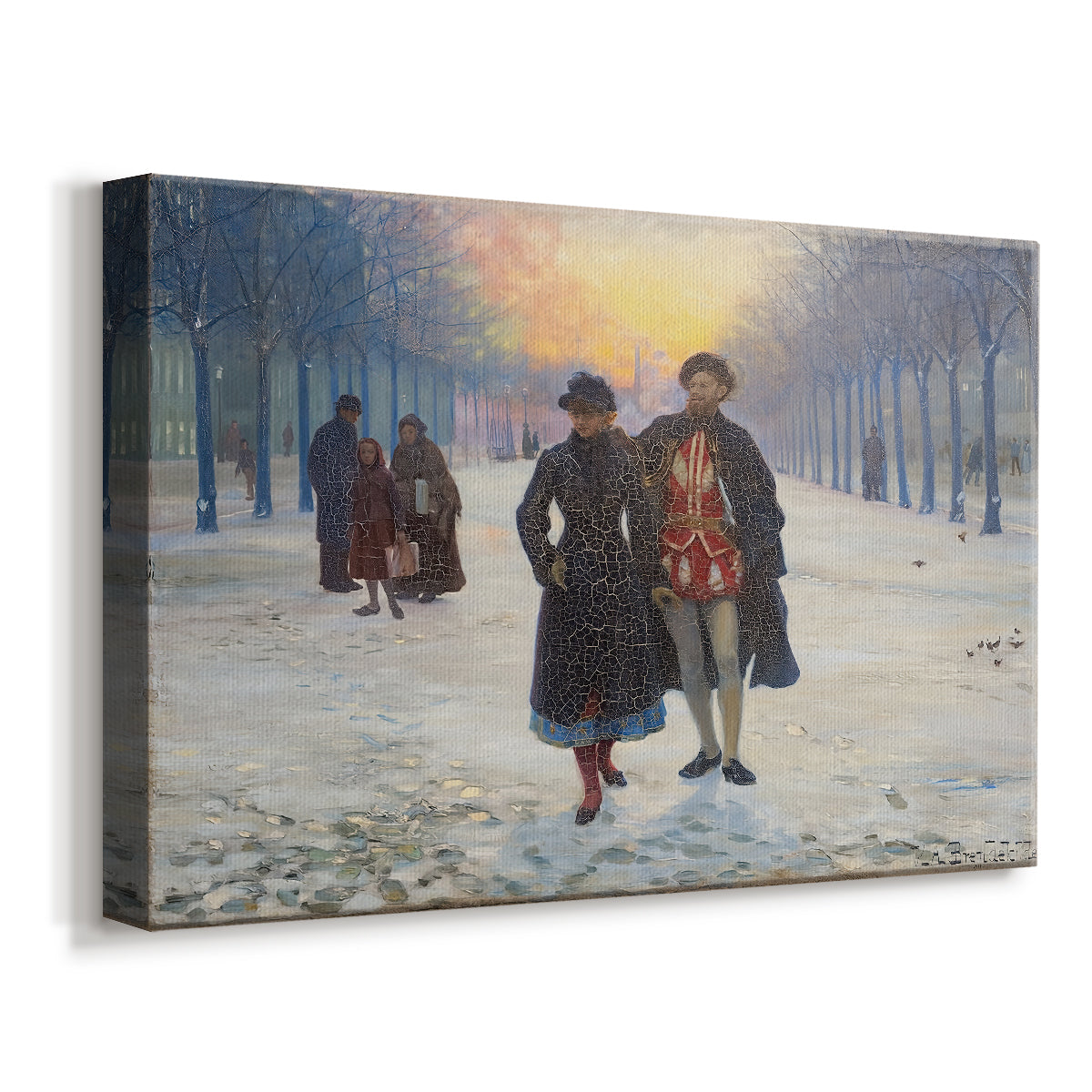 Canvas art print featuring a winter setting with people moving along snow-covered road, displayed at an angle