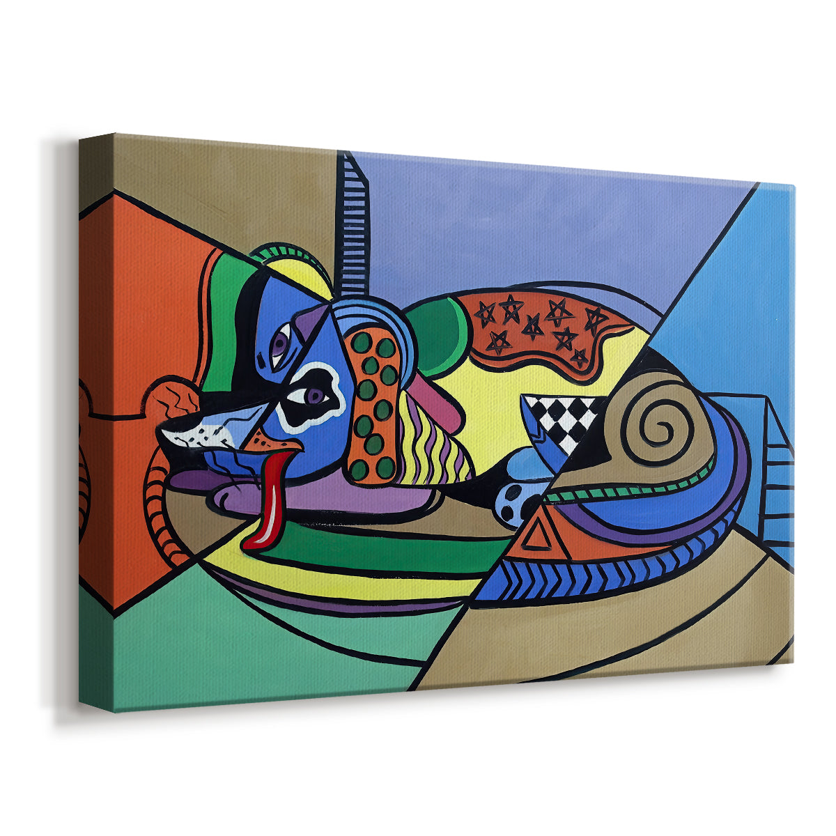 Canvas art print featuring a cubist-inspired canine figure, displayed at an angle