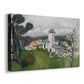 Canvas art print featuring an expressive view of a villa in a lush outdoor setting, displayed at an angle