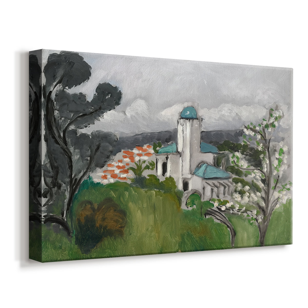 Canvas art print featuring an expressive view of a villa in a lush outdoor setting, displayed at an angle