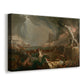 Canvas art print featuring a dramatic scene of destruction with fire and conflict, displayed at an angle