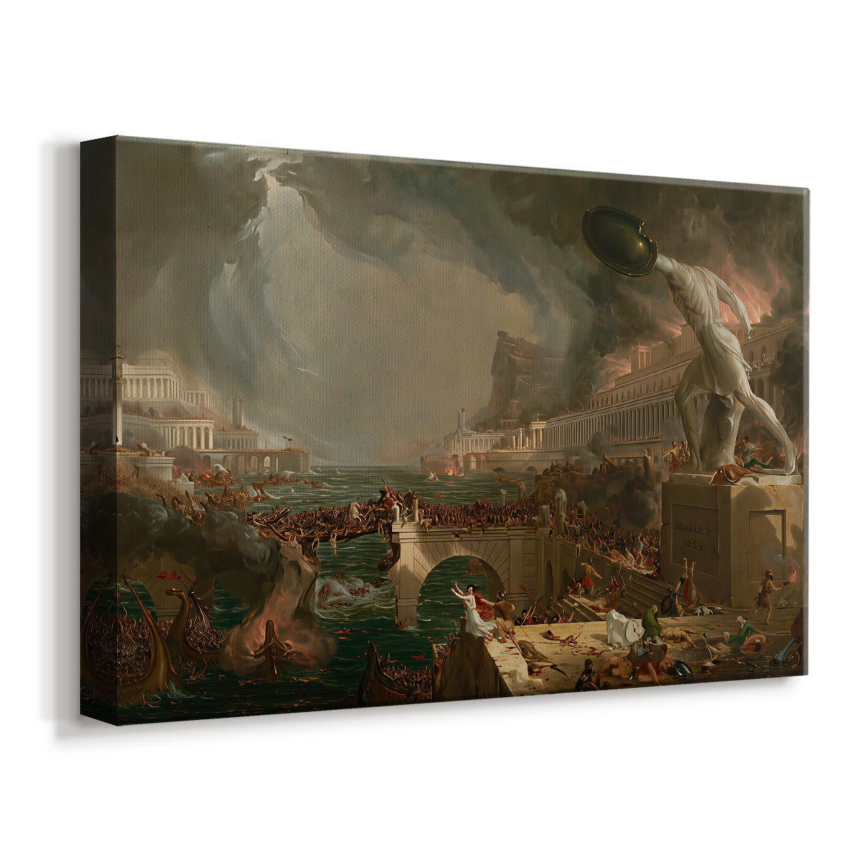 Canvas art print featuring a dramatic scene of destruction with fire and conflict, displayed at an angle