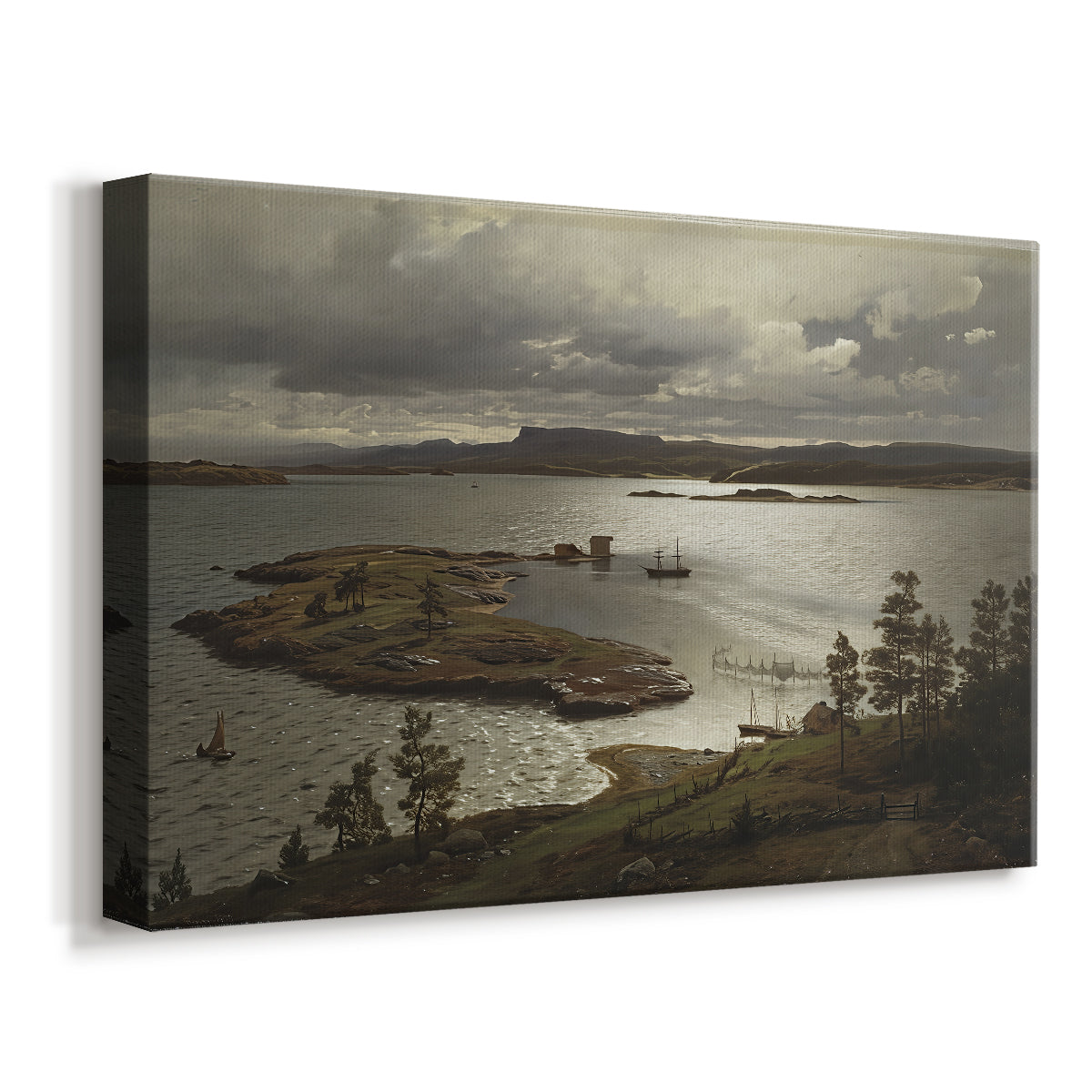 Canvas art print featuring a coastal scene with calm fjord and surrounding terrain, displayed at an angle