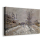 Canvas art print featuring an impressionist winter scene with road and bare trees, displayed at an angle