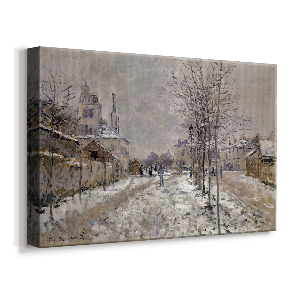 Canvas art print featuring an impressionist winter scene with road and bare trees, displayed at an angle