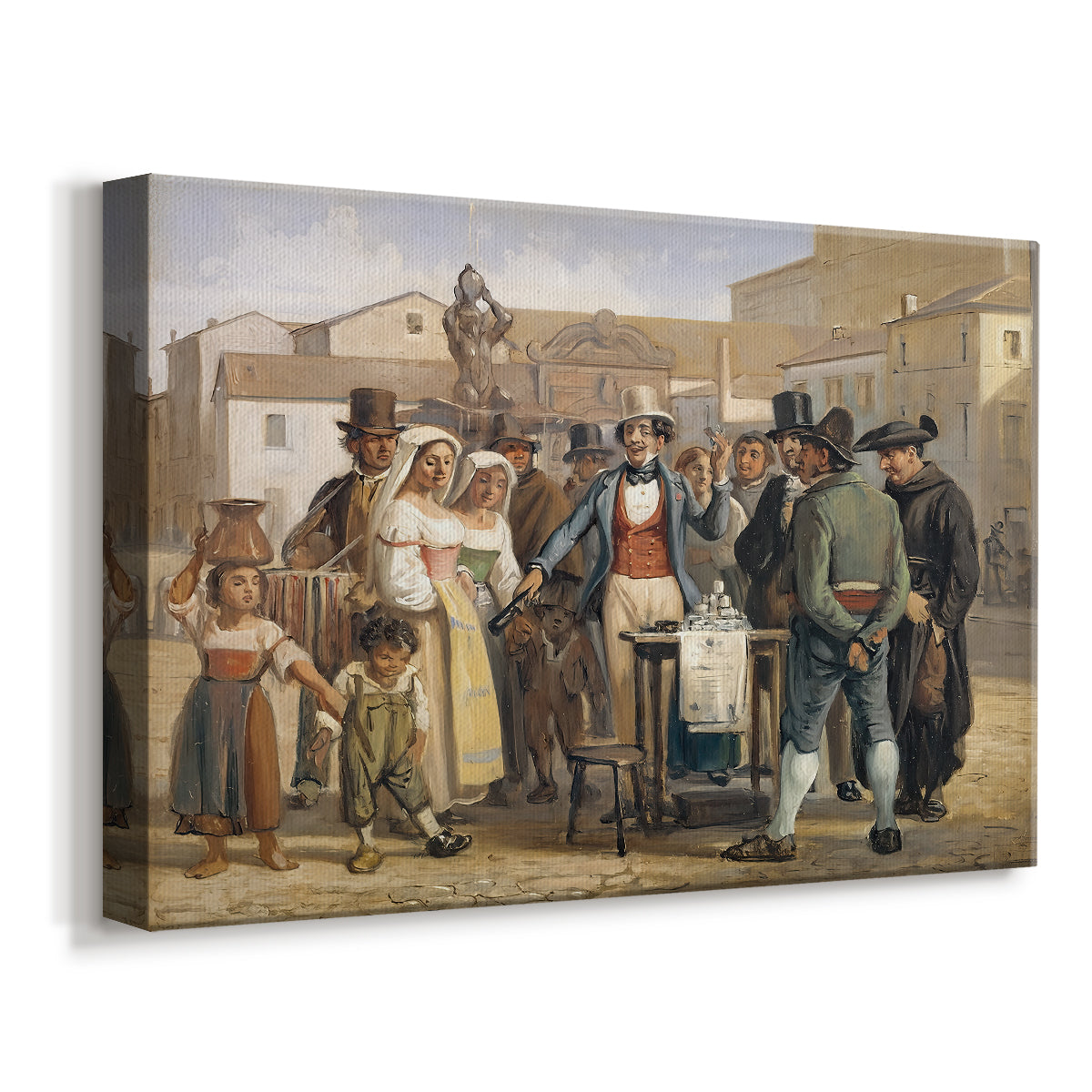 Canvas art print featuring an outdoor marketplace with central figure addressing onlookers, displayed at an angle