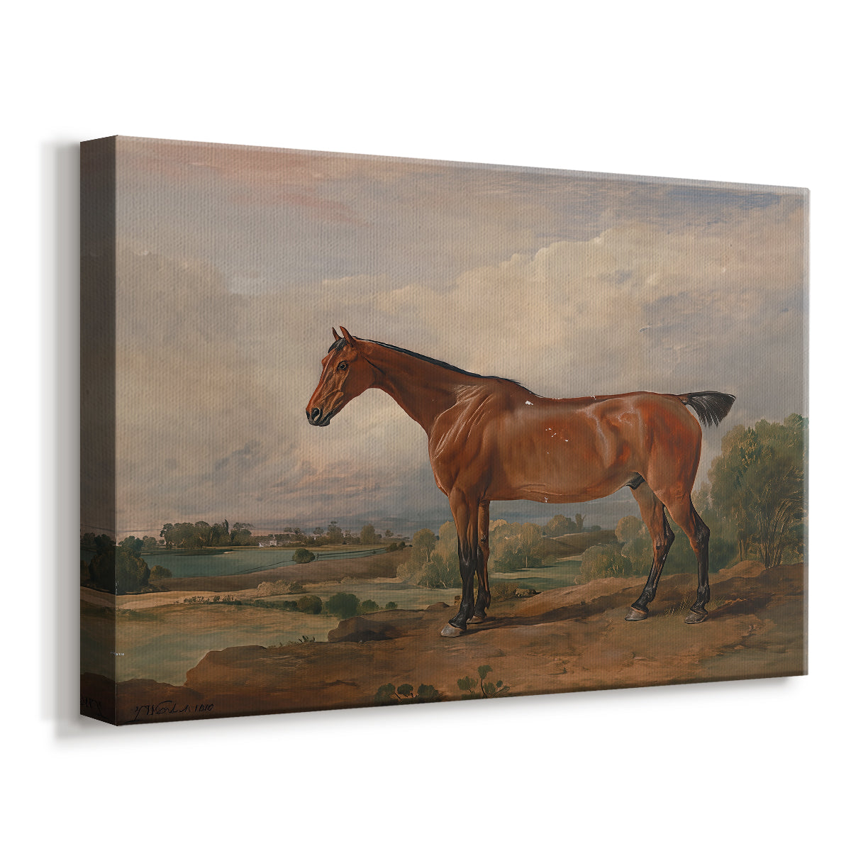 Canvas art print featuring a countryside hunting scene with rider on horseback, displayed at an angle