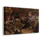 Canvas art print featuring a dramatic gathering of people illuminated by firelight, displayed at an angle