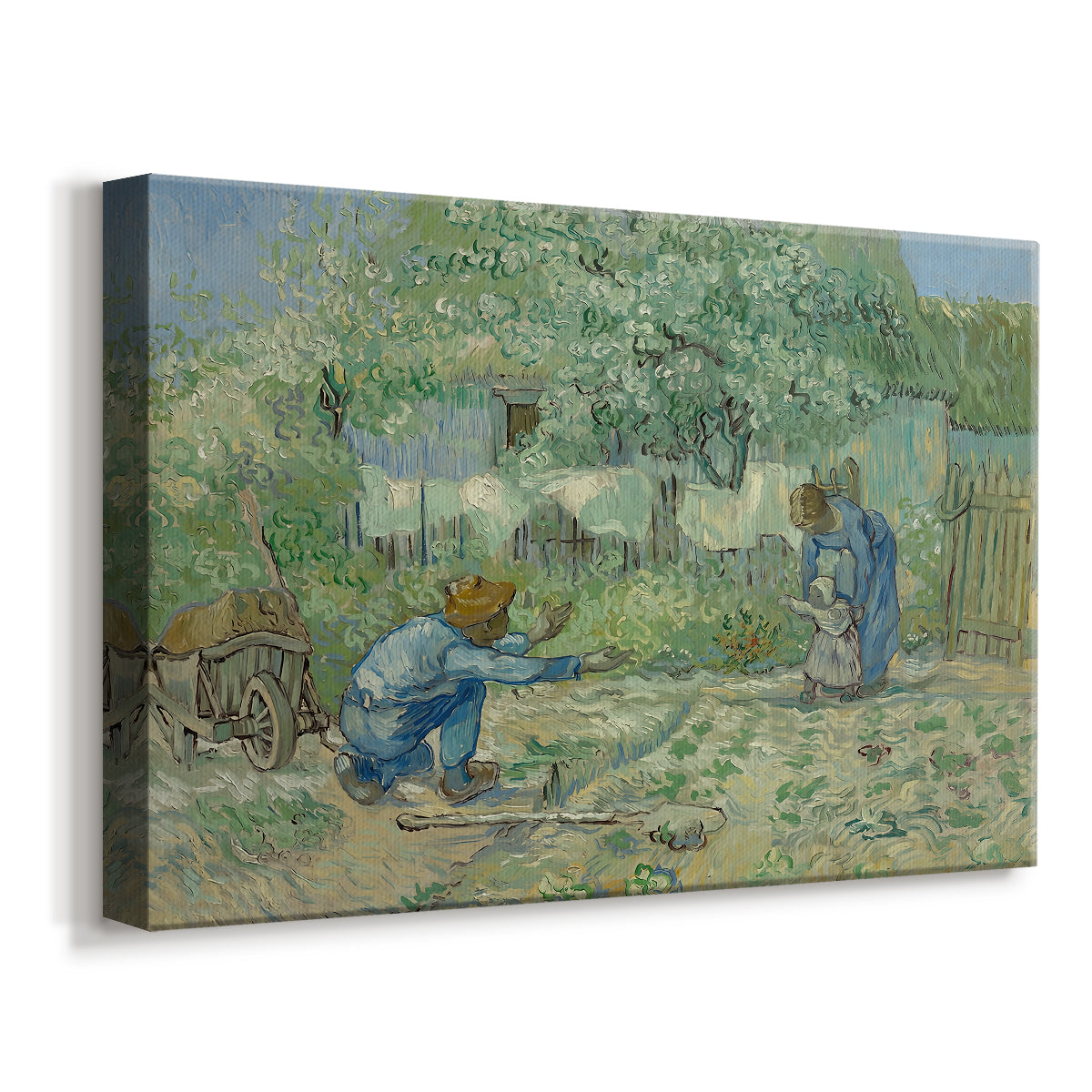 Canvas art print featuring an expressive depiction of family interaction in countryside, displayed at an angle