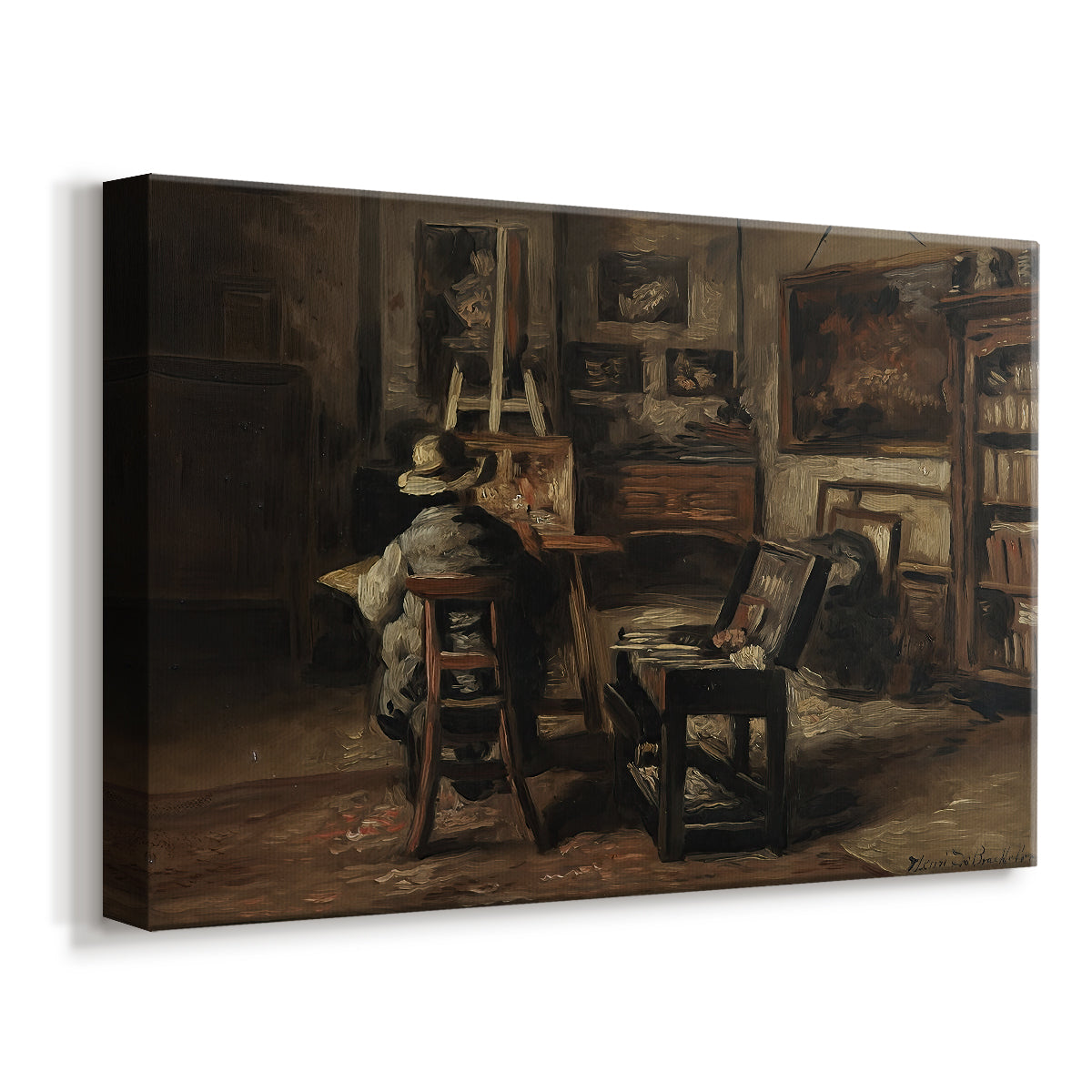 Canvas art print featuring a detailed room with scattered objects and work materials, displayed at an angle