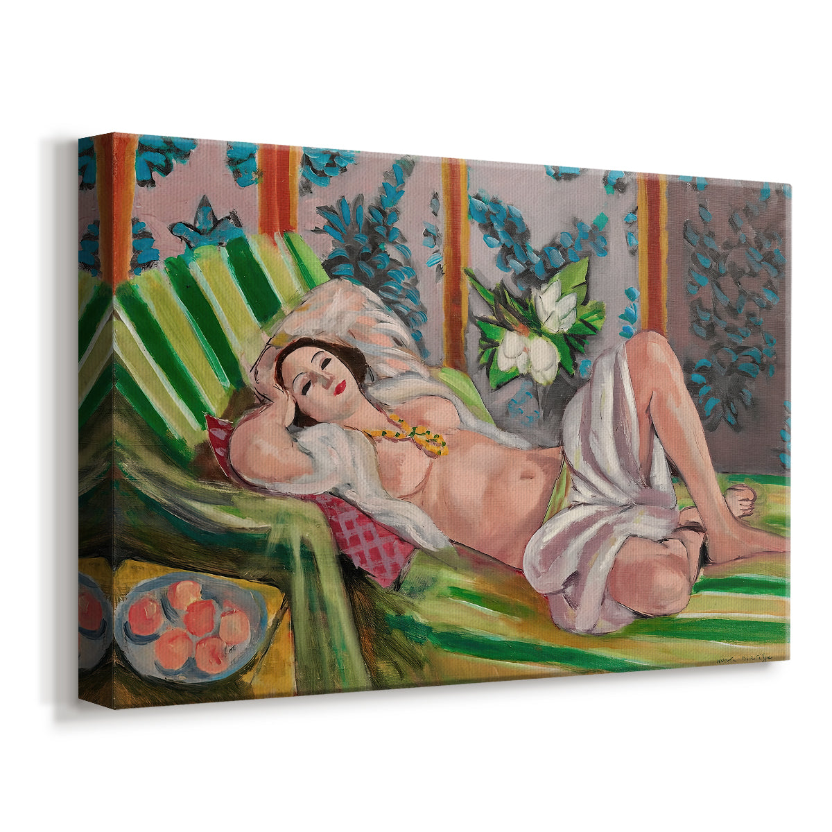 Canvas art print featuring a woman lying on patterned textiles in a vivid decorative setting, displayed at an angle