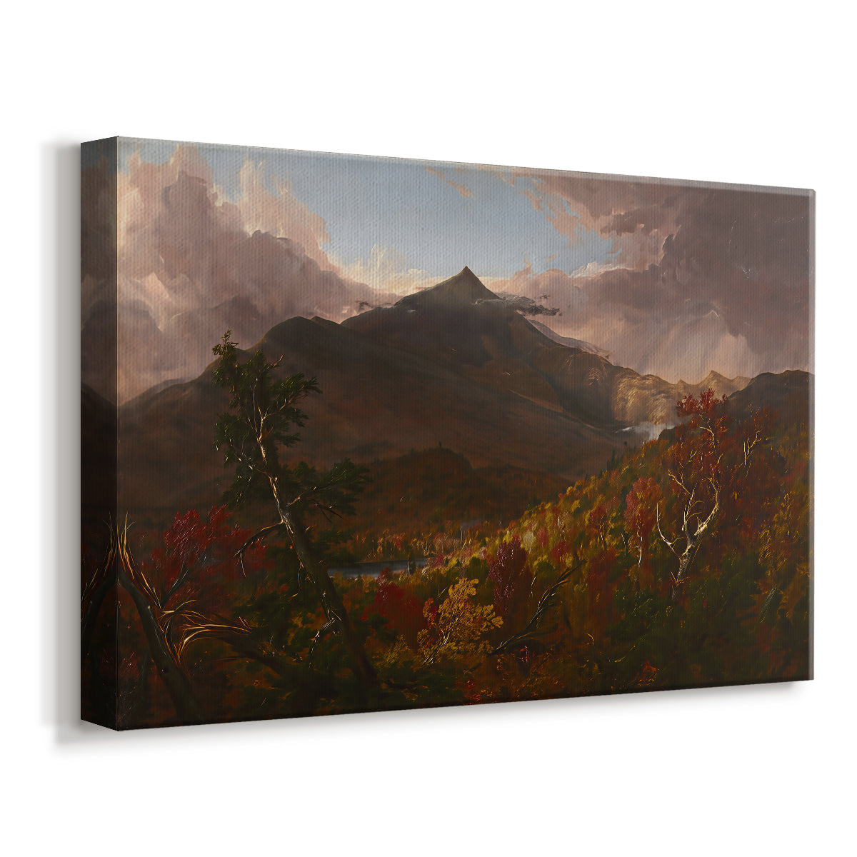 Canvas art print featuring a romantic scene with shifting weather over terrain, displayed at an angle