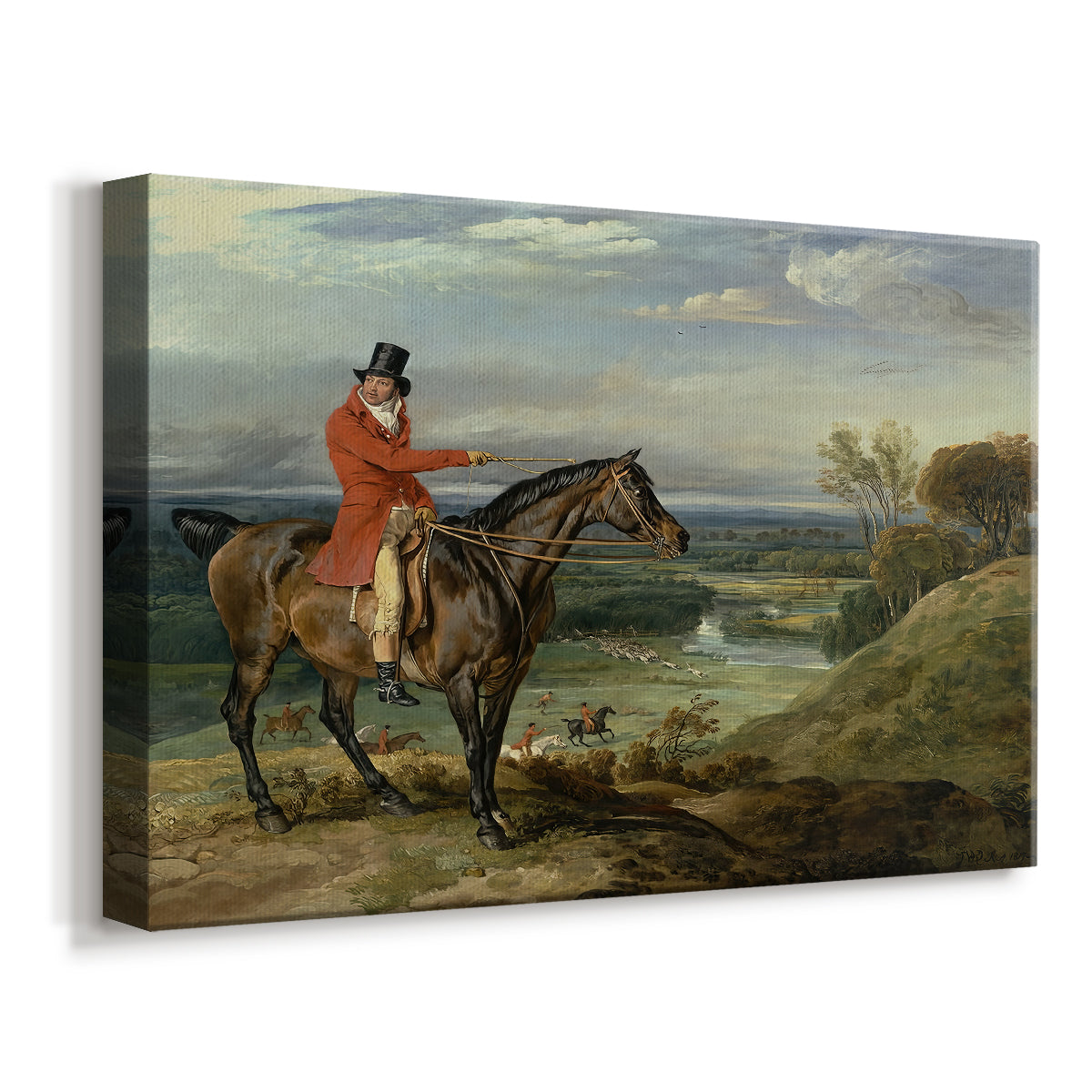 Canvas art print featuring a detailed hunting scene with rider and pack of dogs, displayed at an angle