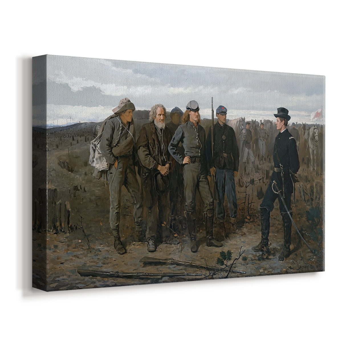 Canvas art print featuring a wartime scene with multiple figures arranged in open landscape, displayed at an angle
