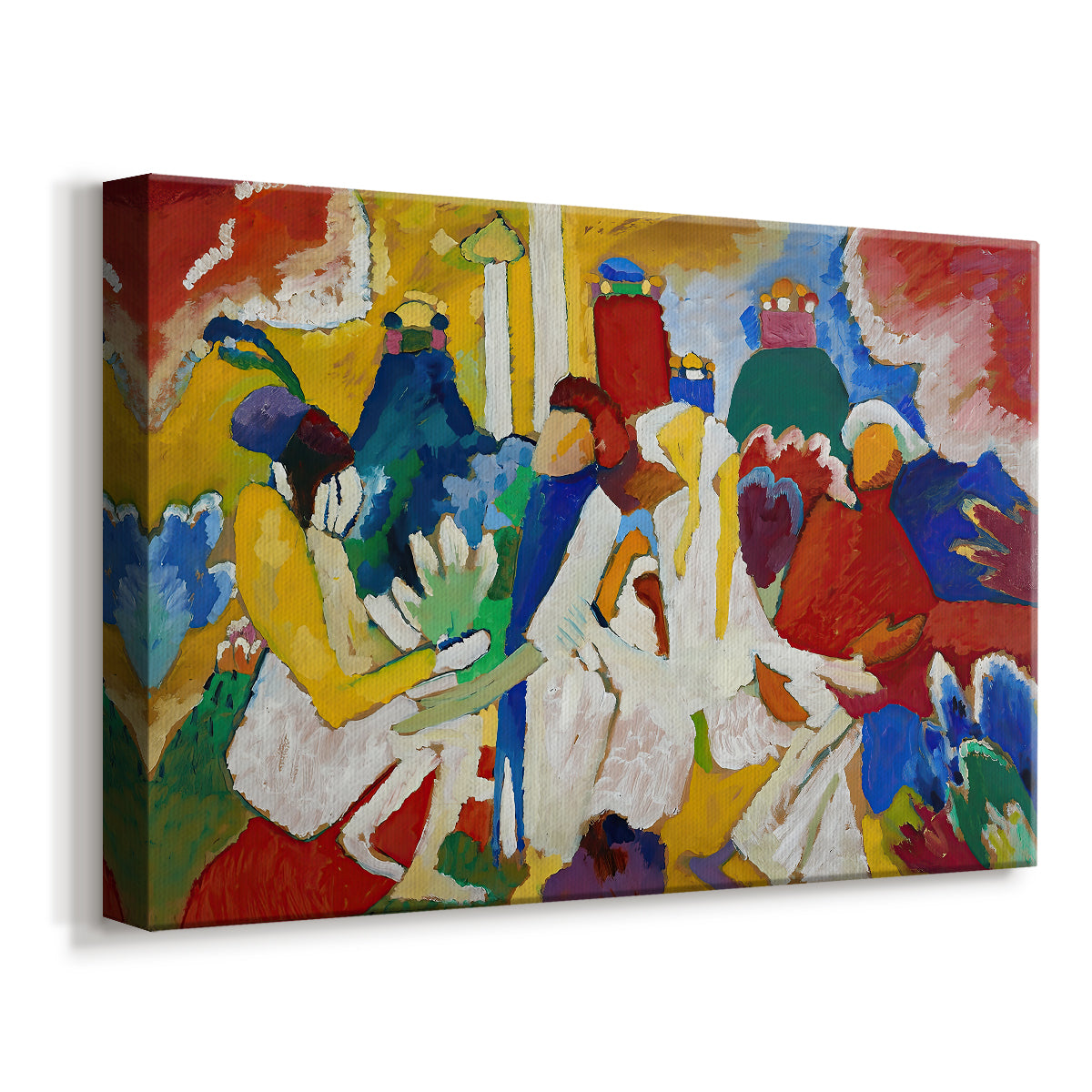 Canvas art print featuring an expressive scene with vibrant tones and loosely defined forms, displayed at an angle