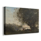 Canvas art print featuring a pastoral scene with people gathered near water and trees, displayed at an angle