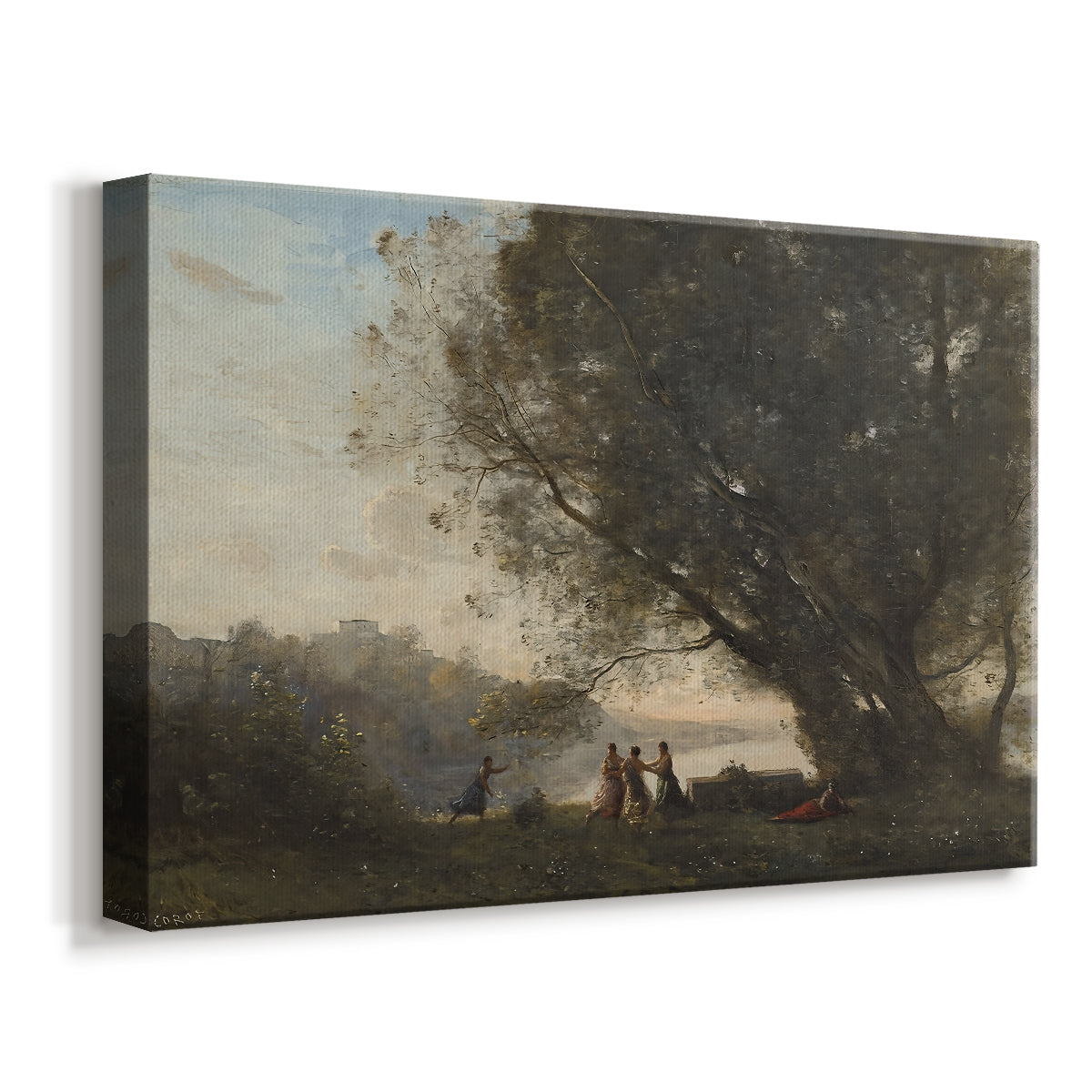 Canvas art print featuring a pastoral scene with people gathered near water and trees, displayed at an angle