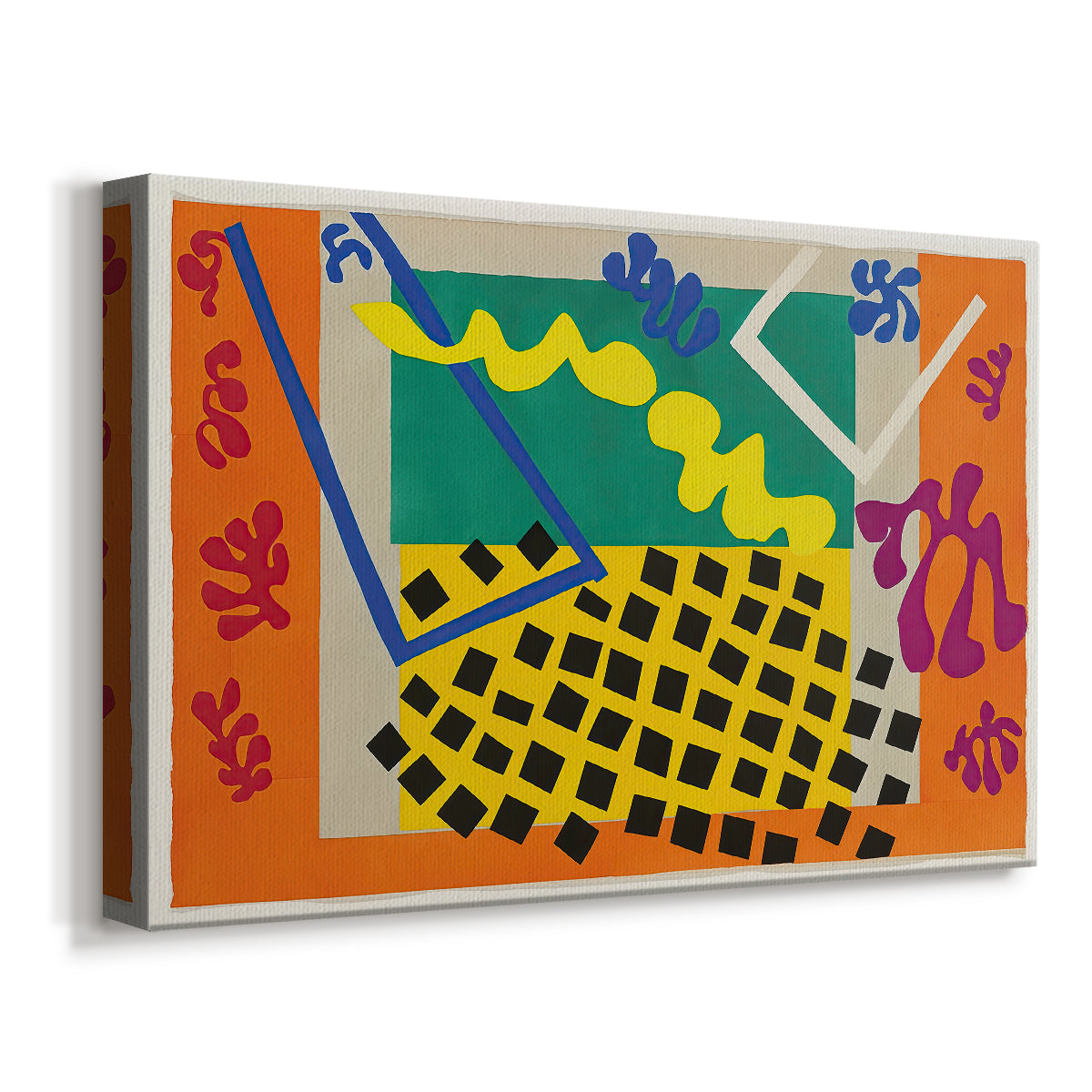 Canvas art print featuring a modernist collage with layered curved forms and rhythmic pattern, displayed at an angle