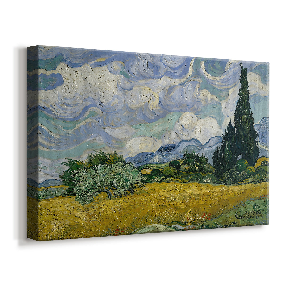 Canvas art print featuring an expressive landscape with strong vertical trees and movement, displayed at an angle