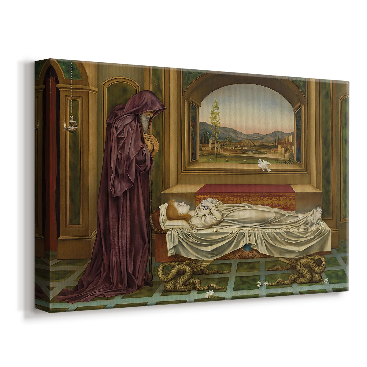 Canvas art print featuring a symbolic portrait of wandering figure in quiet architectural setting, displayed at an angle