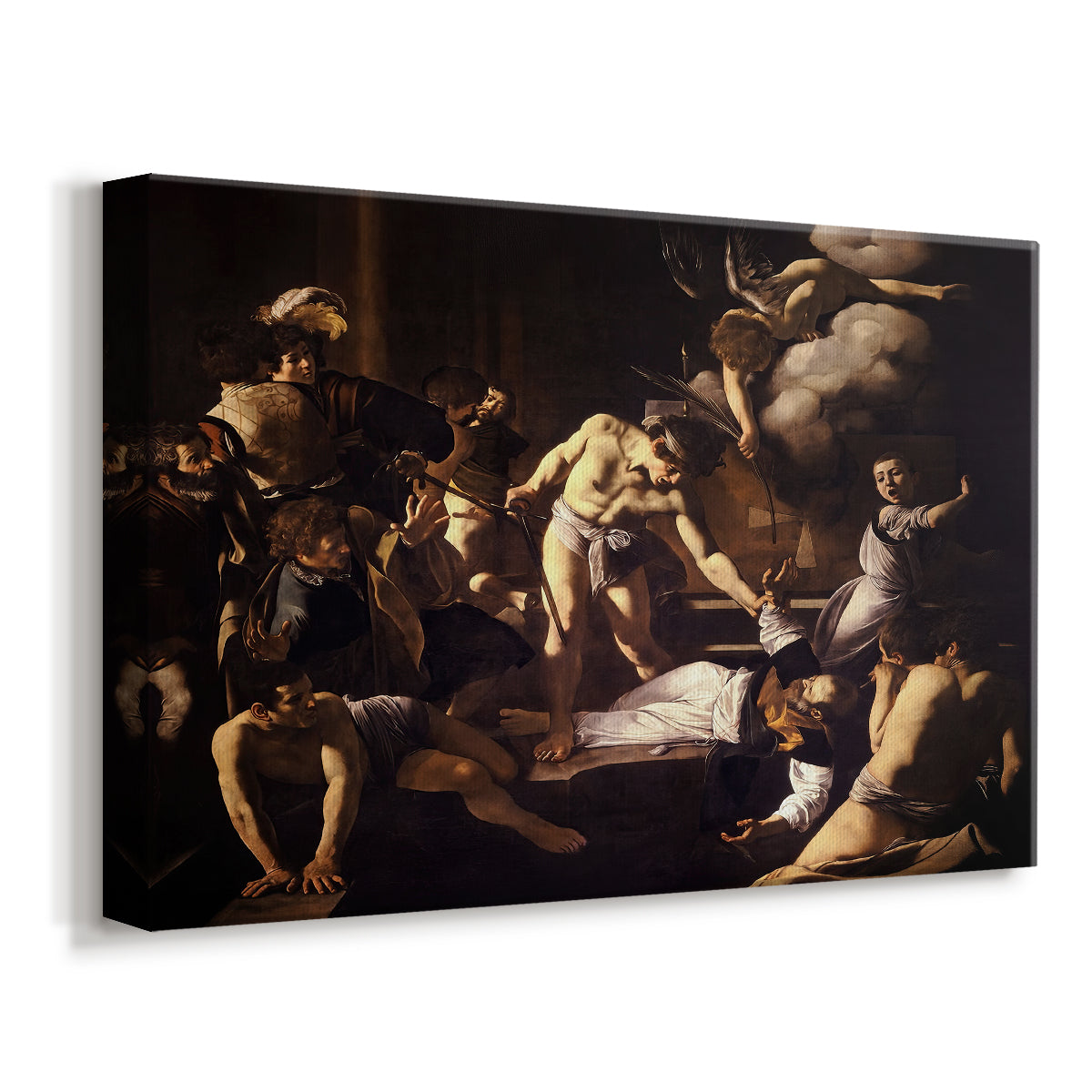 Canvas art print featuring a dramatic moment of martyrdom with figures reacting in panic, displayed at an angle