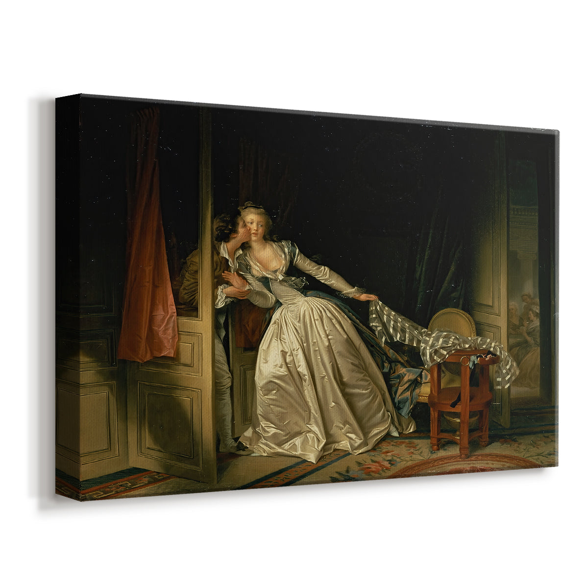 Canvas art print featuring a Rococo depiction of romantic moment in decorated room, displayed at an angle