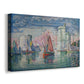 Canvas art print featuring a coastal entryway scene with boats navigating port, displayed at an angle