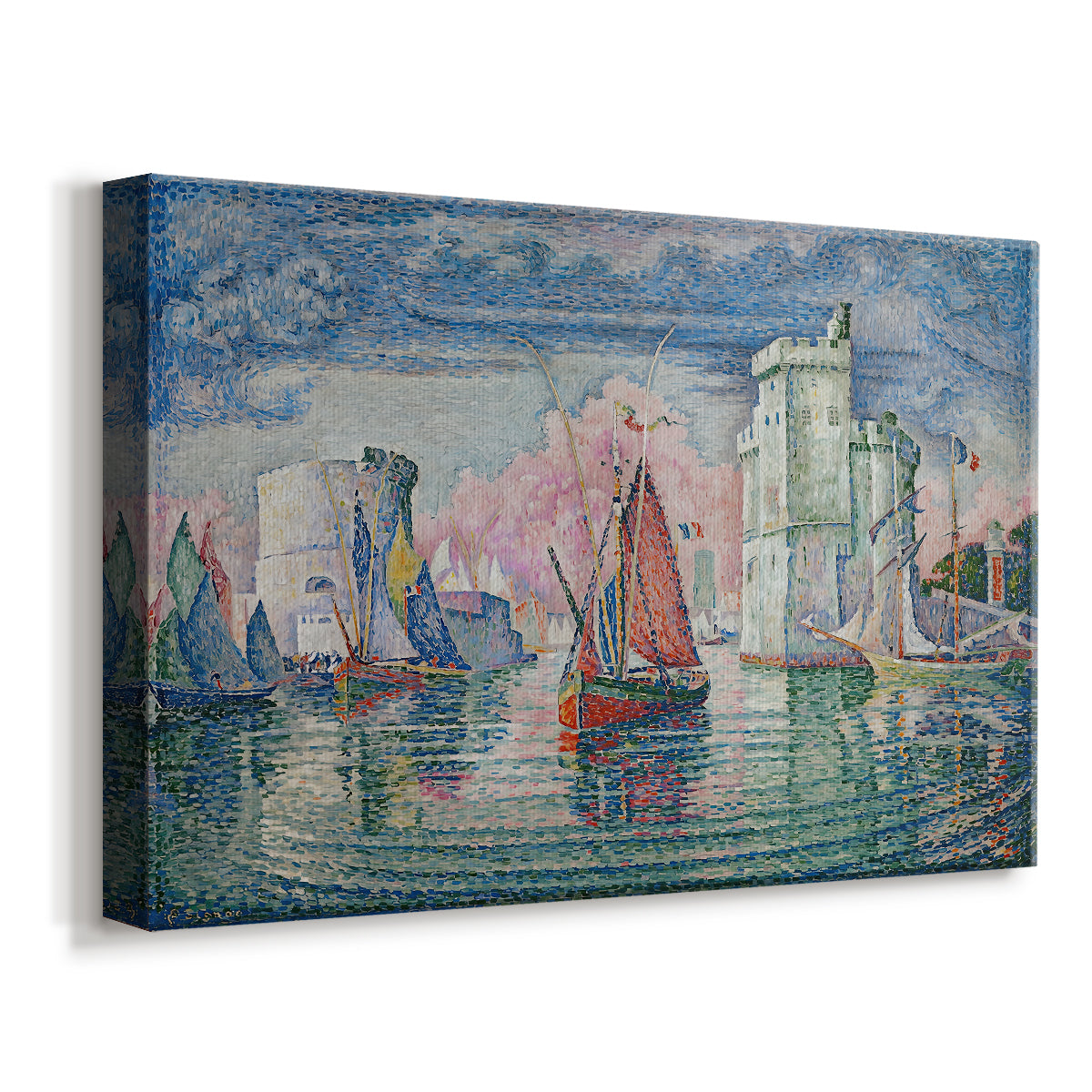 Canvas art print featuring a coastal entryway scene with boats navigating port, displayed at an angle